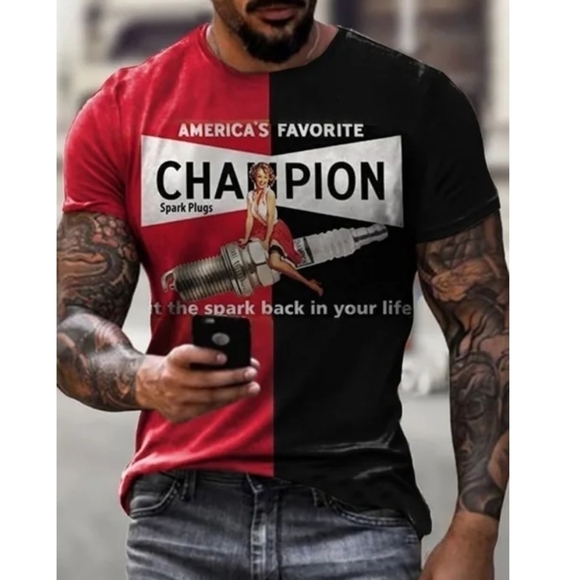 Champion Spark Plugs Put The Spark Back Black Red Colorblock Racing T Shirt - Picture 1 of 6